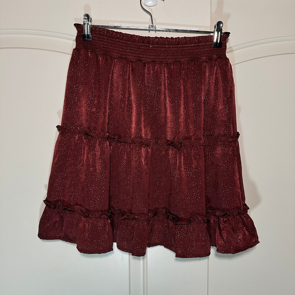Blu Pepper Mini Skirt Ruffle‎ Tiered Smocked Waist Gold Sparkle Burgundy Red S
